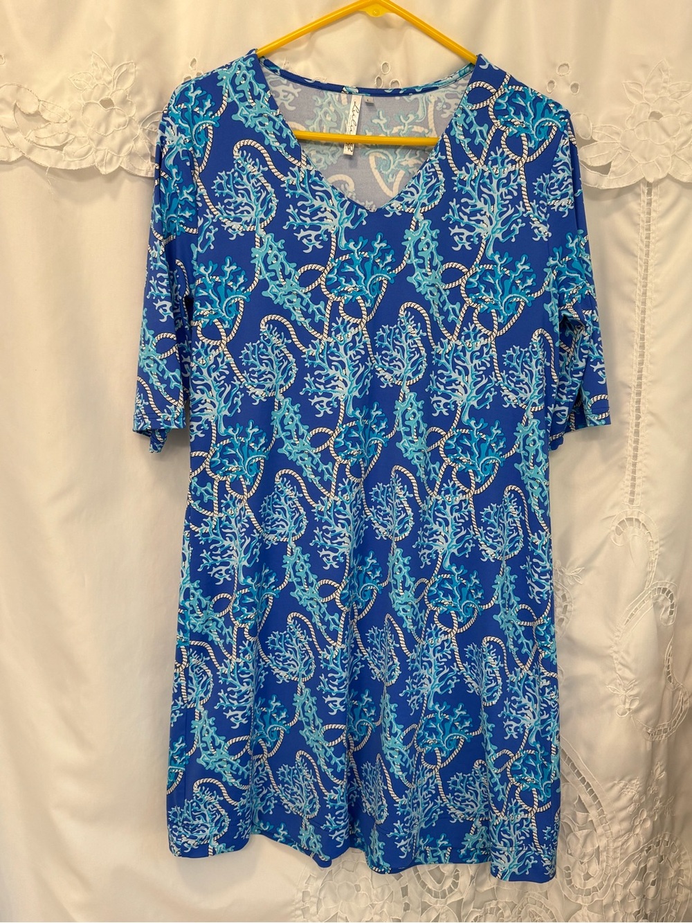 Lulu b coral print  V-Neck loose fitting Dress in shades of blues